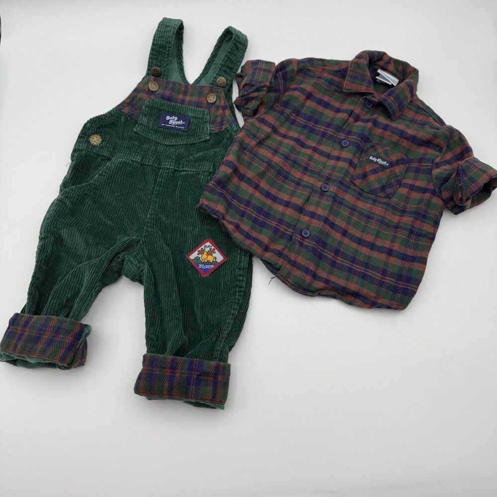 VTG 80s OshKosh B’Gosh Vestbak Green Set Corduroy Bib Overalls Shirt 12Months